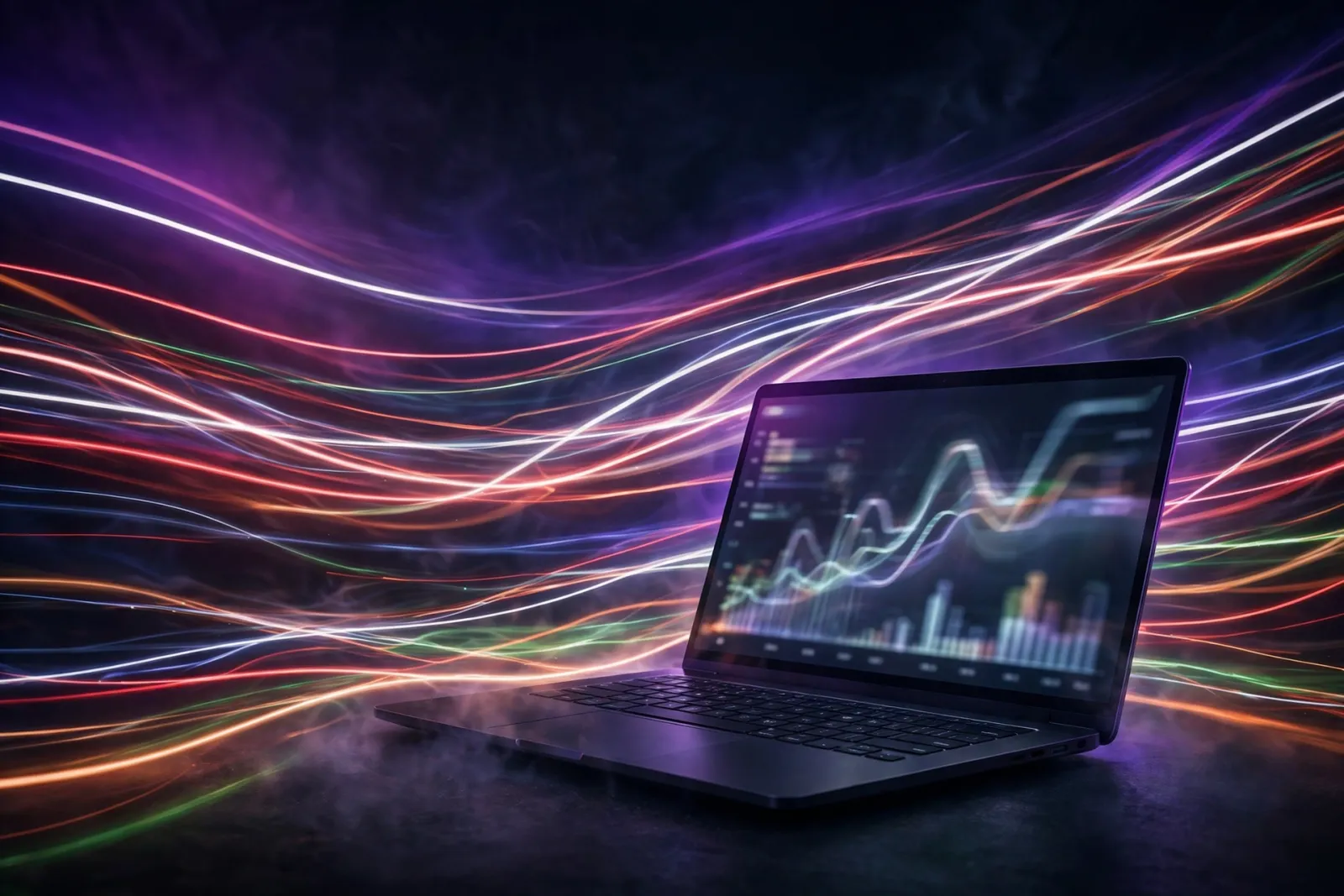 A laptop on a dark desk with high-speed light trails streaming past and rising blurred performance graphs, with a hint of red