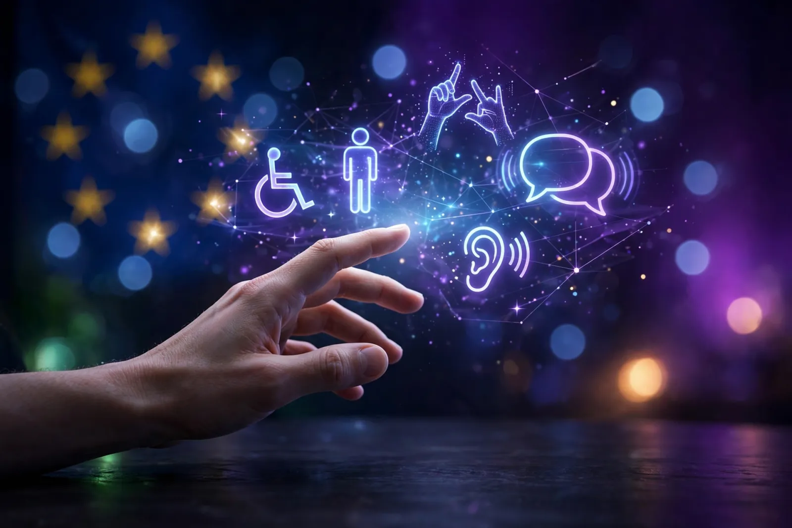 A hand reaching toward a glowing holographic interface with floating accessibility symbols, soft blue glow in the background,