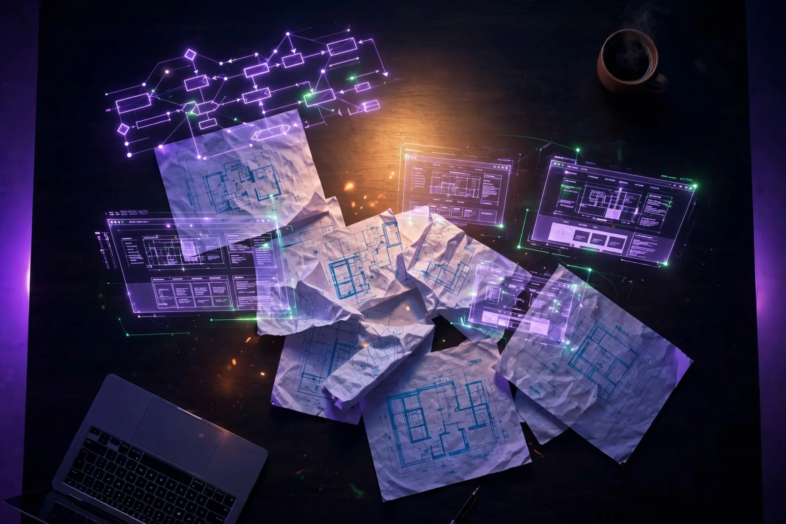 An overhead view of a dark conference table with glowing wireframe website layouts and flow diagrams floating as holograms ov