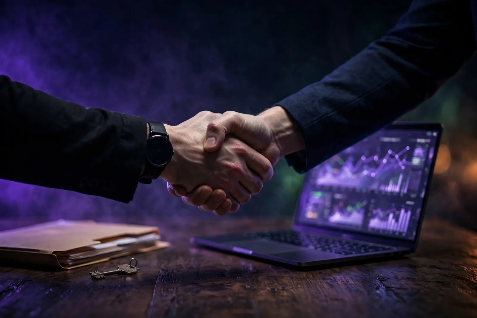 Two hands shaking over a dark table beside a glowing laptop with analytics graphs, a metal key and document folder nearby, il