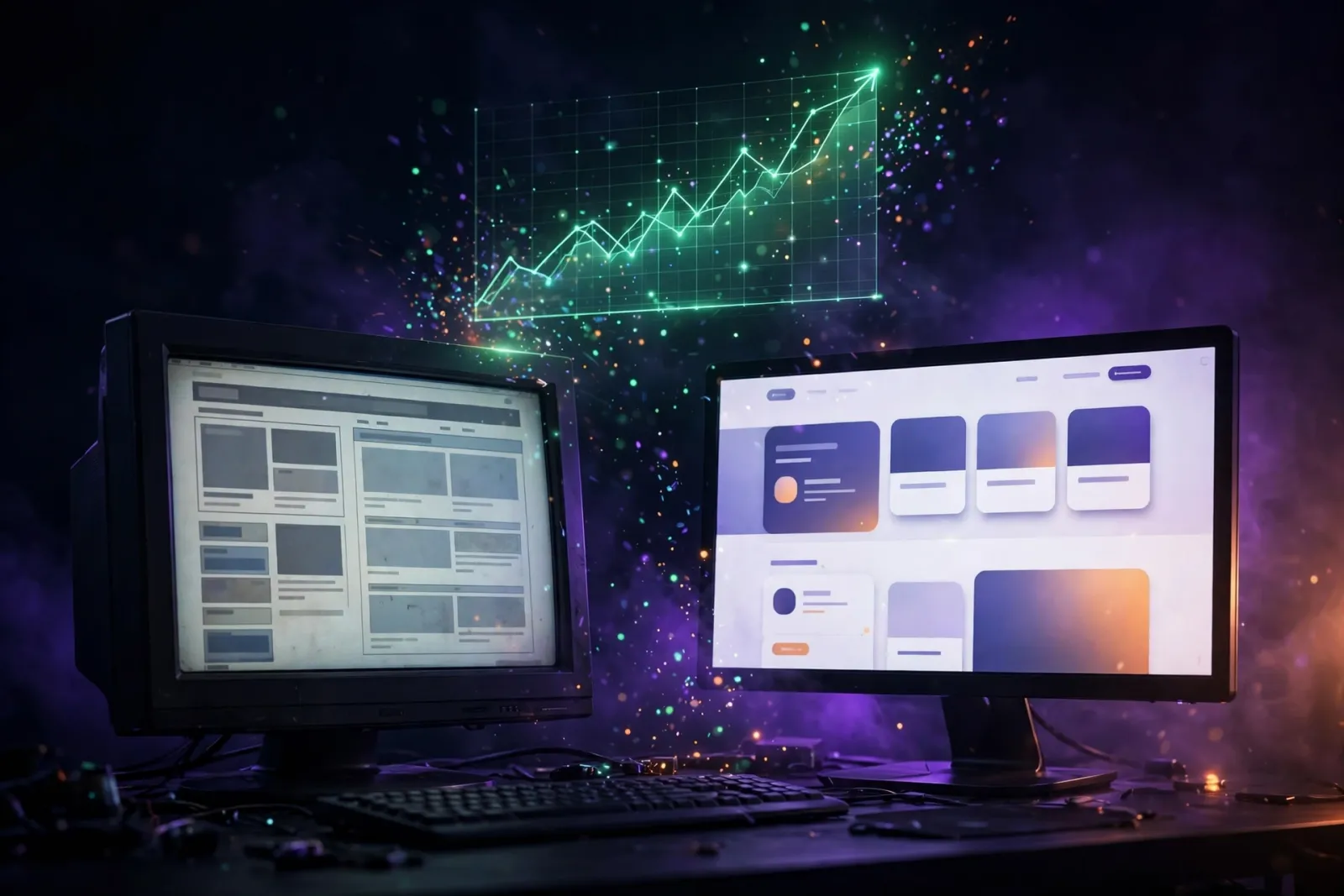 A glowing green upward-trending chart projected as a hologram above a dark desk where an old website layout transforms into a