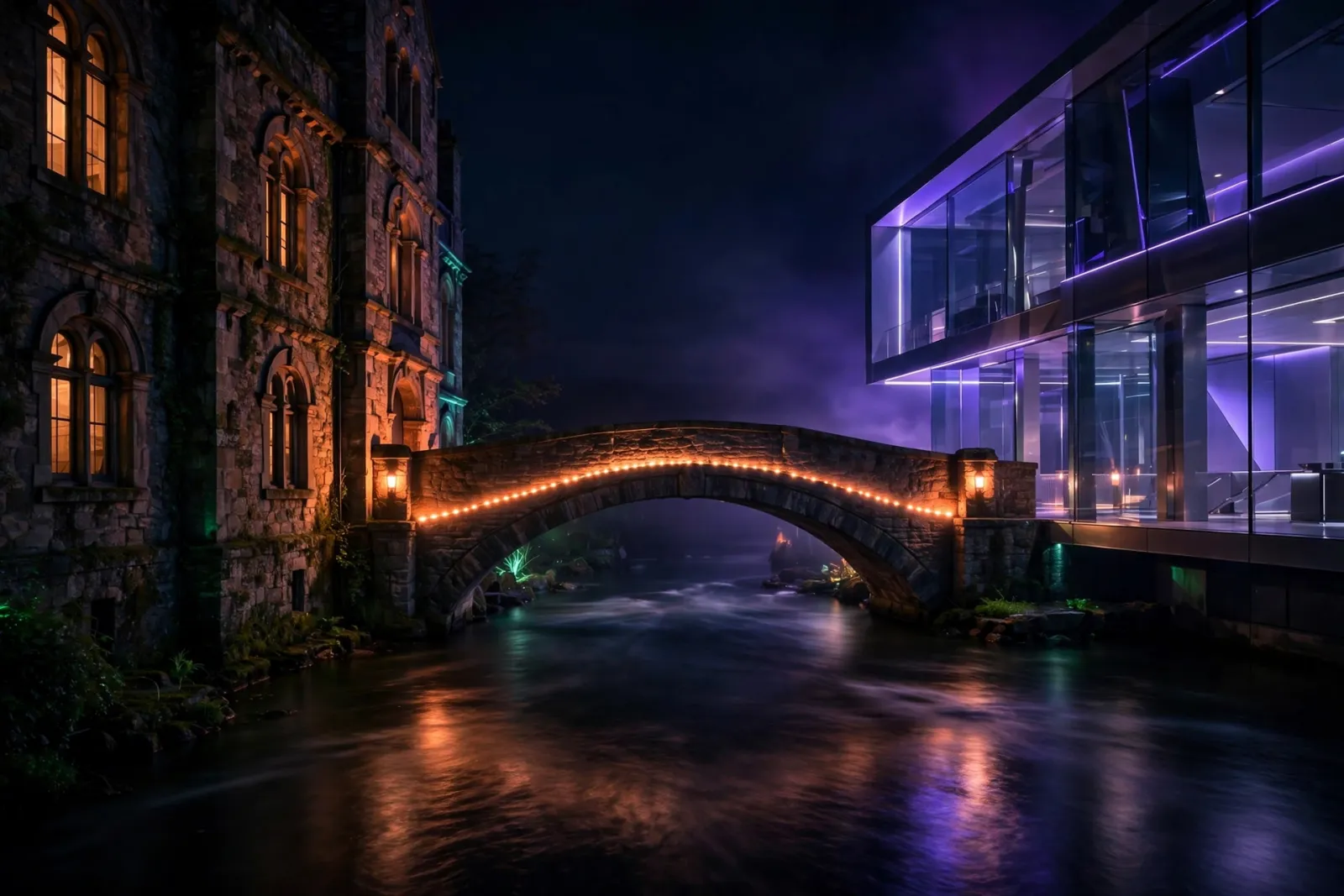 A warmly lit stone bridge at night connecting an old building to a modern glass structure with a glowing path across, illustr