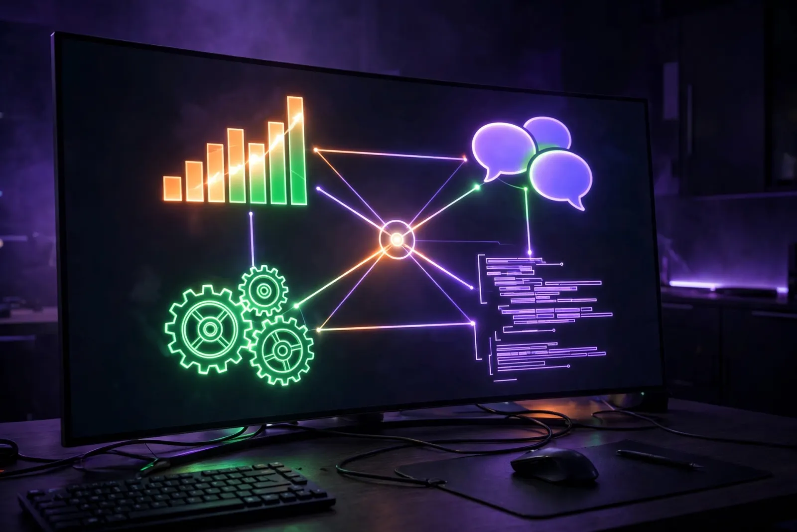 A dark studio scene where a glowing monitor shows four interconnected pillars, a rising bar chart, chat bubbles, gears, and c