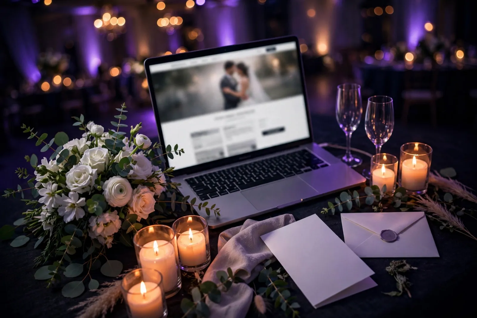 A candlelit wedding venue table with a laptop showing a wedding venue website, surrounded by white roses, champagne glasses, 