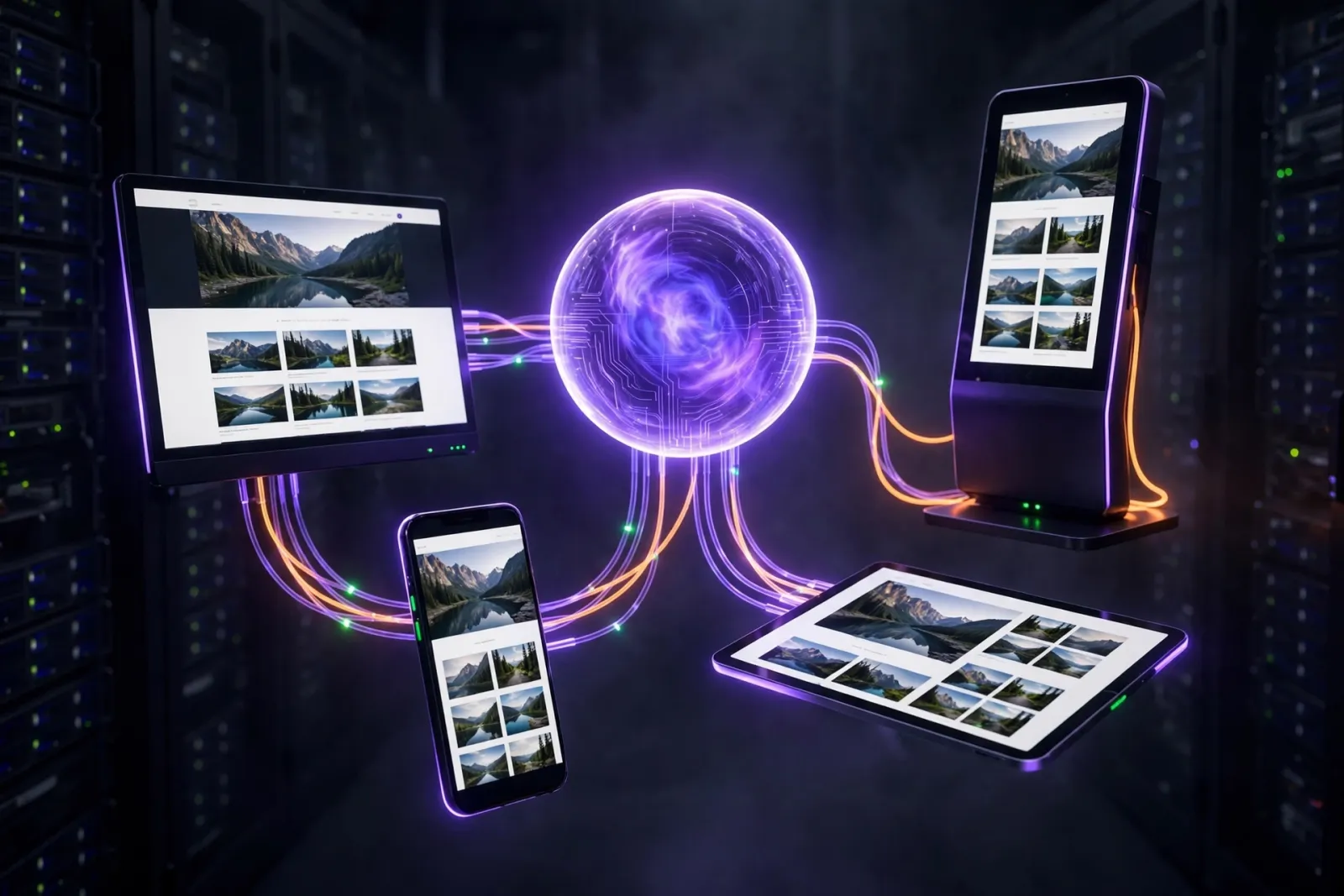 A glowing purple content-hub orb connected by luminous data streams to a desktop, phone, tablet, and kiosk all rendering the 